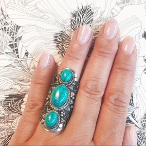 Boho Style Silver Color Ring with Turquoise Color